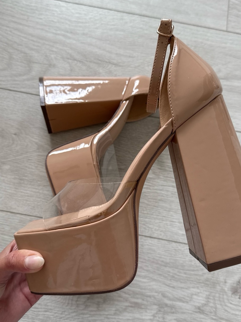 Women's Nude Patent Platform Block Heel Sandals